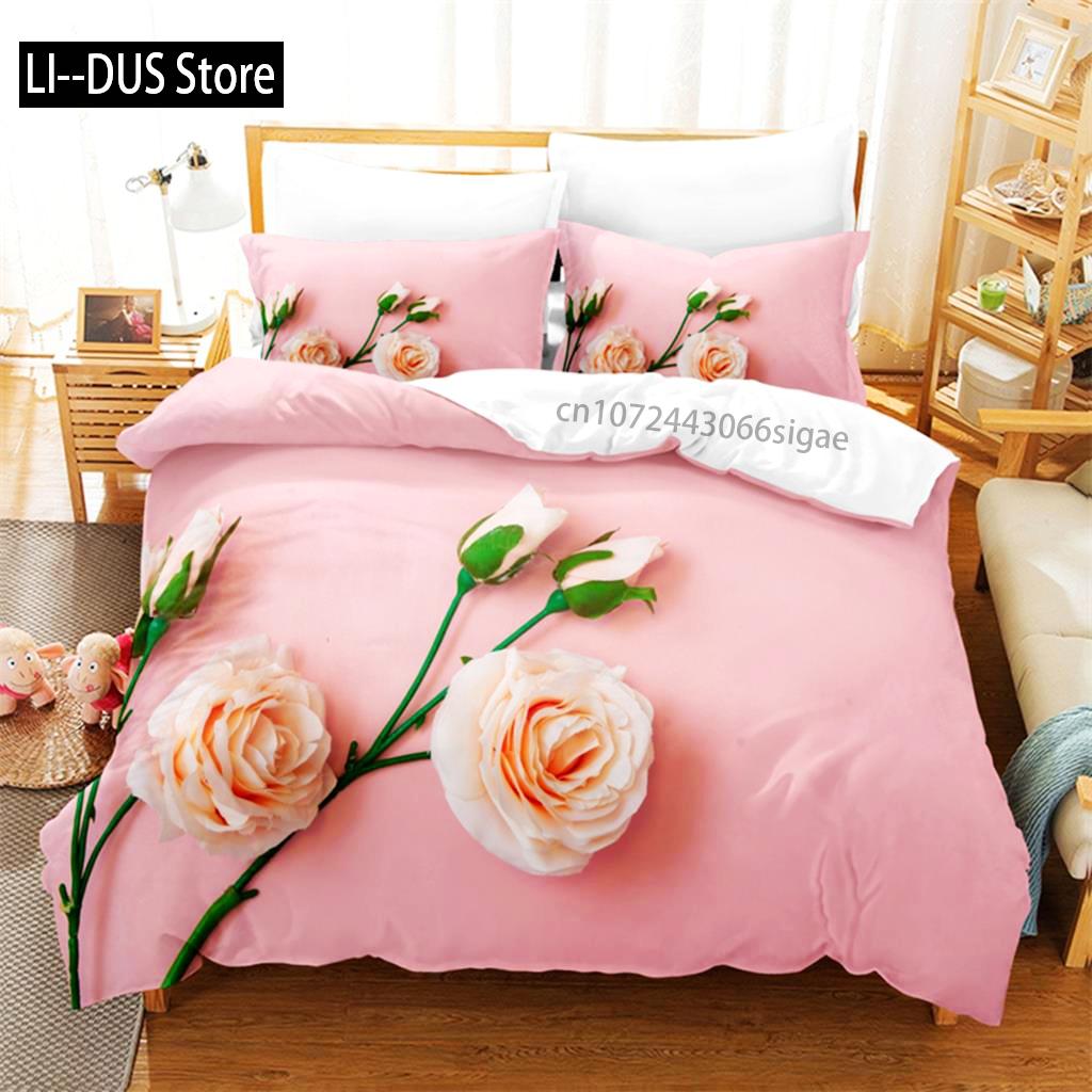 Helles Rosen Bettwäscheset Bettbezug Set 3D Bettwäsche Digitaldruck Queen Size Bettwäscheset Modisches Design