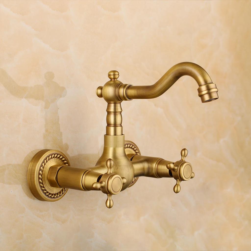 KEMAIDI Antique Brass Bathroom Basin Sink Faucet Tap Dual Handles Wall Mounted Hot Cold Water Mixer Tap 360 Swivel Spout Faucets