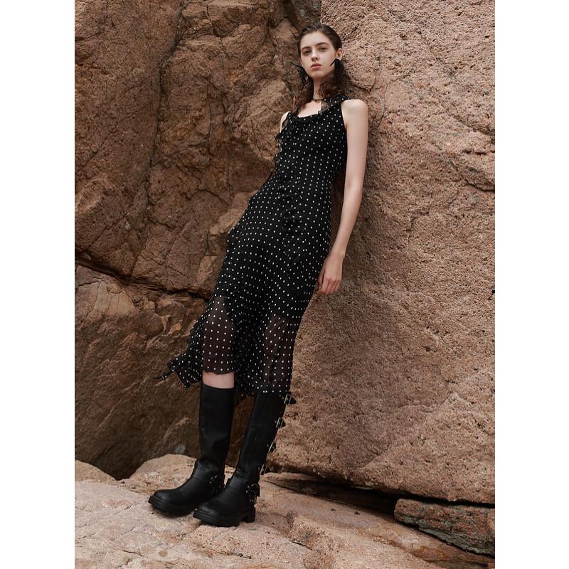 

Sancai 2025 Spring V-Neck Ruffled Polka Dot Chiffon Midi Dress S 155/80A