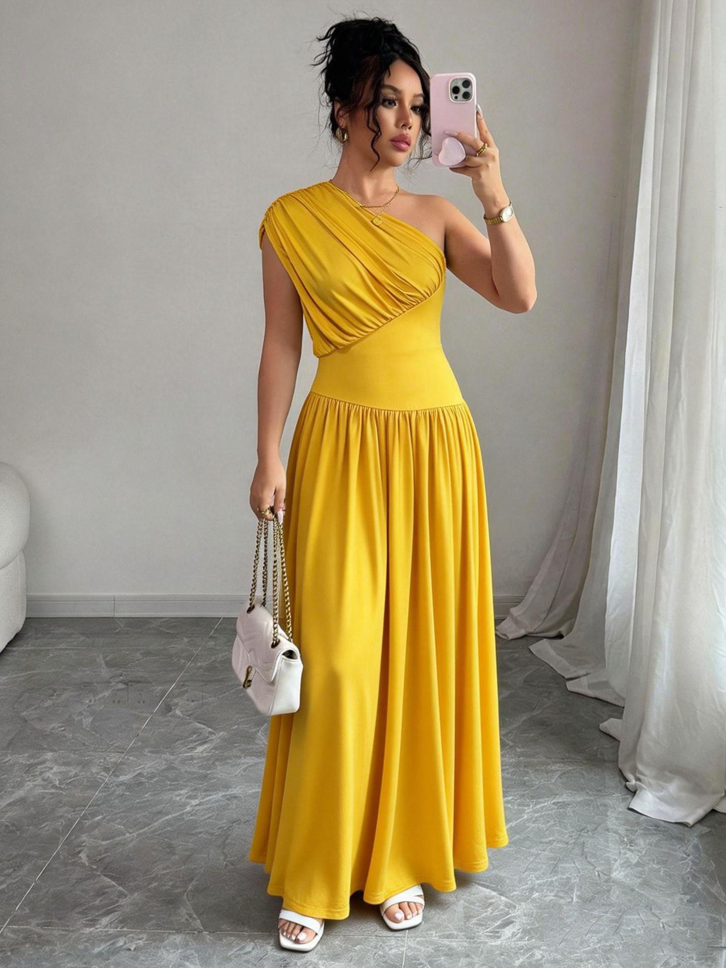 Elegant Asymmetrical One-Shoulder Women s Dress S жёлтый