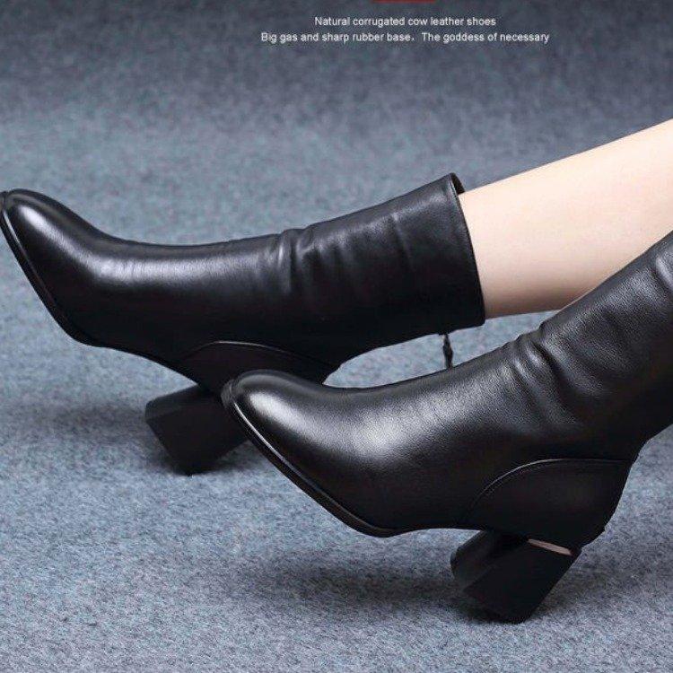 Short boots women's boots autumn and winter new thick heel round head medium boots velvet cotton boots women's Martin boots