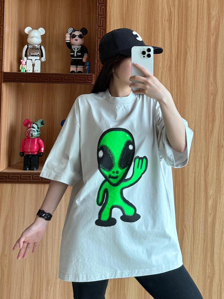 Summer New Trendy Brand Alien Smiley Face Printing Loose Short-sleeved T-shirt Men and Women Casual Versatile Plus Szie T-shirt
