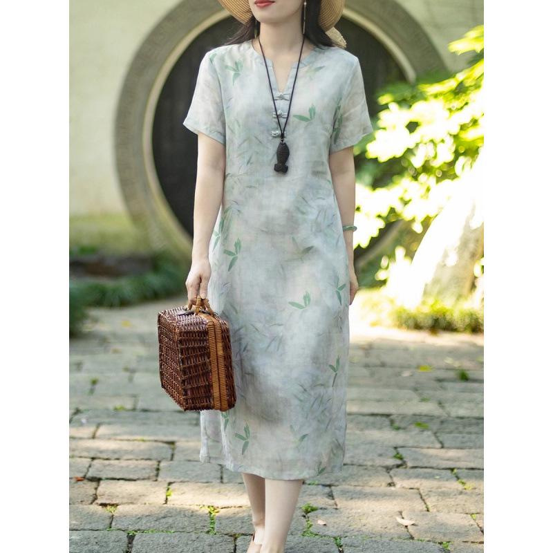 V-neck A-line Dress with Literary Bamboo Leaf Print and Frog Buttons