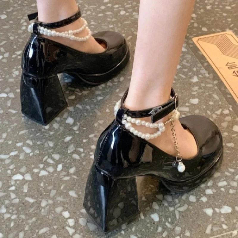 Ladies High Heels Elegant Bow Square Toe Black Fashion Thick Heel Wedding Party Pearl Lace Shoes