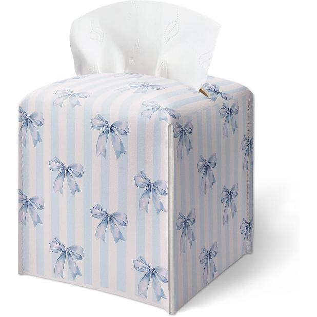 Pink Bow Stripes Tissue Box Cover, Cute Preppy Leather Tissue Box-Waterproof, Aesthetic Home Decor for Desktop Living Room Vanity Office, Gift Idea