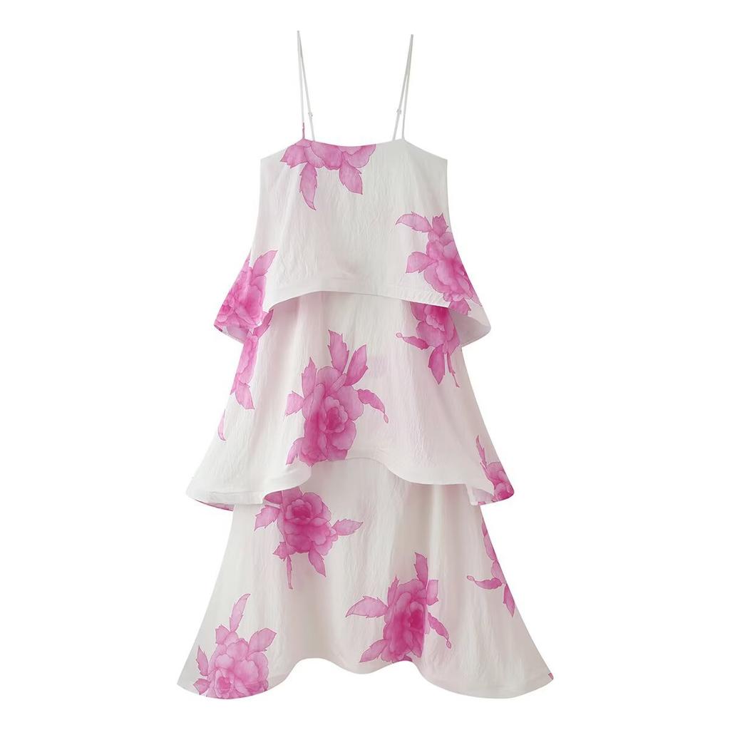 Summer European and American women's clothing printed wavy laminated suspender dress