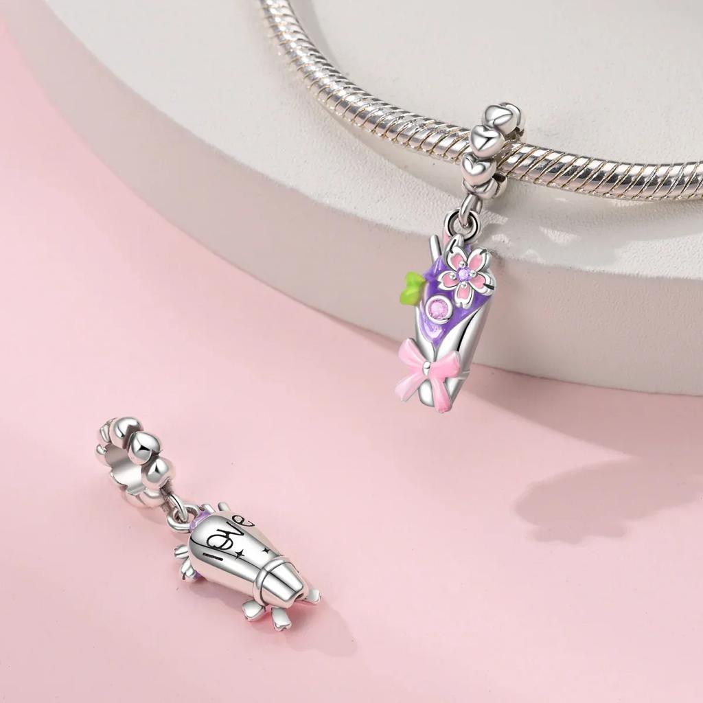 Authentic copper Colored Flower Pendant Pink Plants Lucky Charm Bead Charms Bead Charms Compatible With Bracelets Women Accessory Fine Gift Diy Jewell