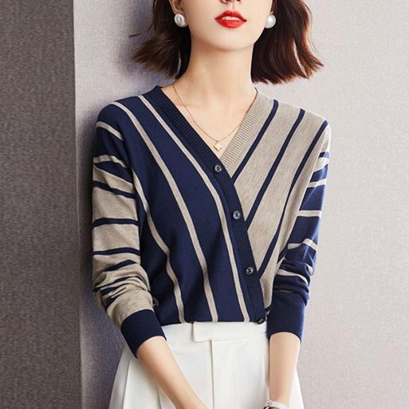 Autumn and Winter New Elegant and Versatile Temperament Women's Clothing Splice Button V-Neck Long Sleeve Stripe Pullover