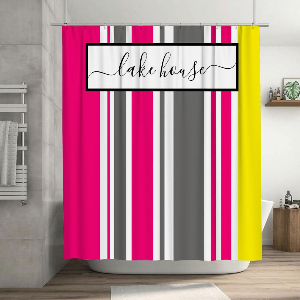Lake House Shower Curtain Modern Striped Design with Fresh Color Scheme for Bathroom Decorations Pink Gray White Yellow Black Cu