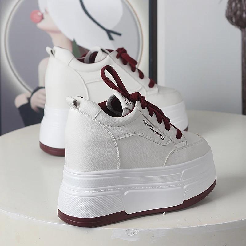Fashion 12CM Genuine Leather Platform Sneakers Wedge Shoes  Women Breathable Sneakers Autumn Casual Shoes Hidden Heel Zapatillas Mujer