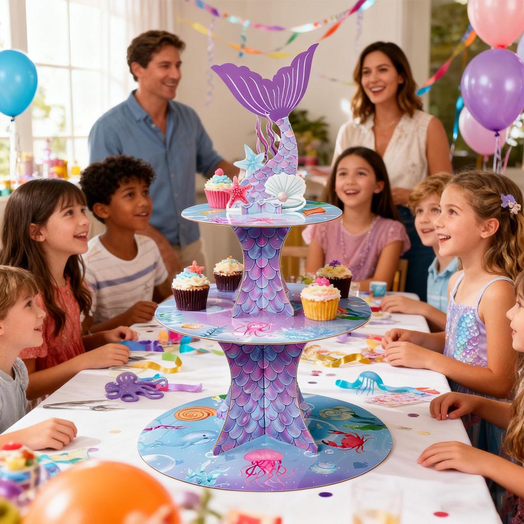 Fishtail Theme Three Layer Paper Cake Stand Birthday Cake Dim Sum Dessert Ornament Party Ornament