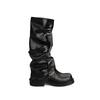 Leather Inner Height Increase Black Medium and Long Tube Boots Women's Autumn Western Cowboy Knight Boots Thick-soled Pleated Piled Boots