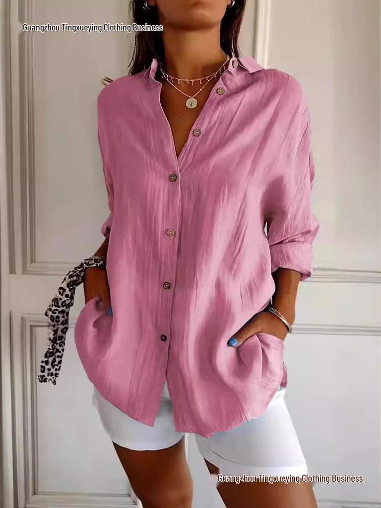 Women's Solid Color Single-Breasted Pleated Lapel Shirt with Roll-Up Sleeves - European & American Style