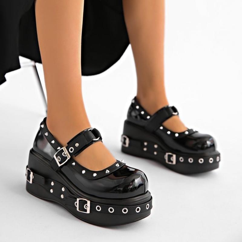 Punk Platform Mary Jane Shoe for Women Black Patent Leather Wedge Heel Loafers Woman Thick Sole Rivet Buckle Gothic Lolita Shoes