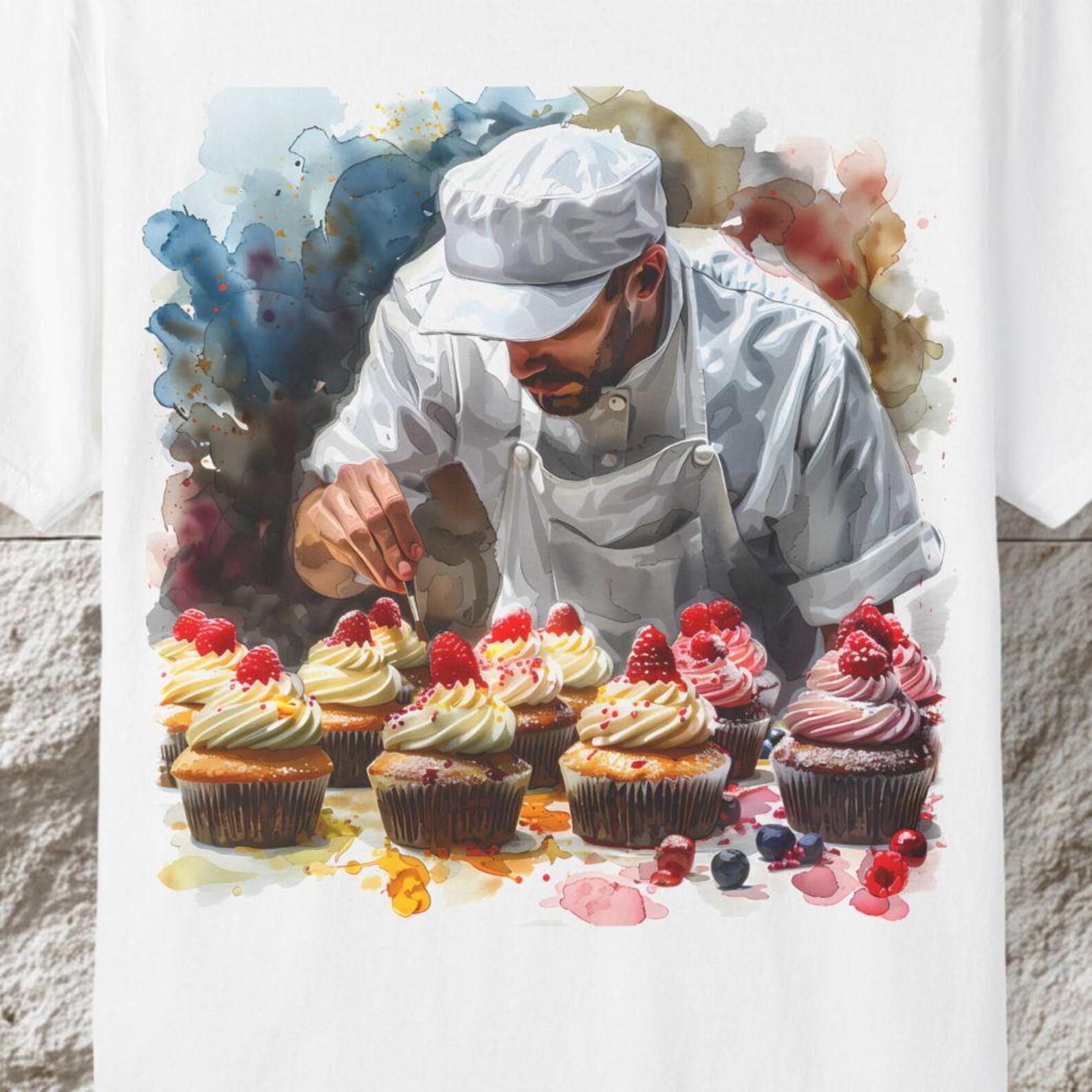 Pastry Chef Cupcake T-Shirt, Watercolor Baker Illustration, Dessert Art Tee S