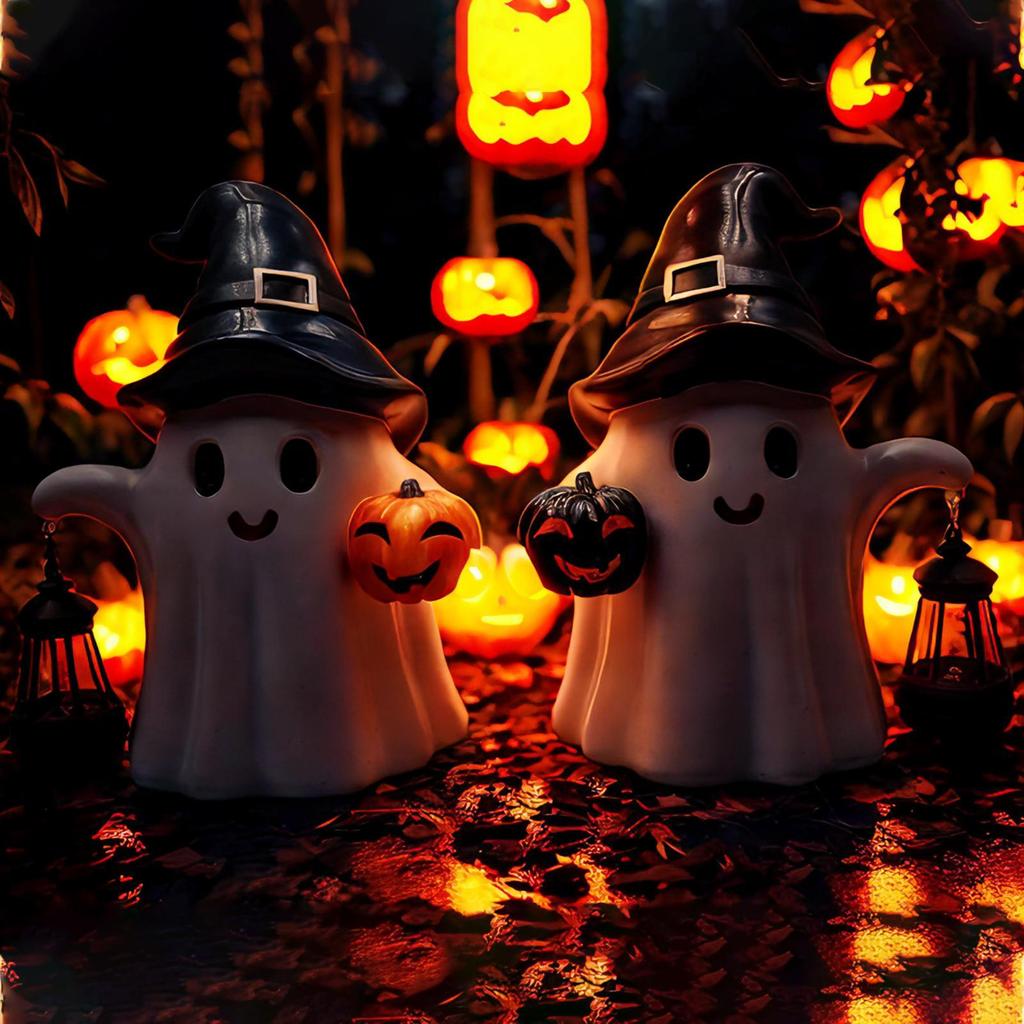 Outdoor Figurine Lights Ghost Statue With Lantern Waterproof Ghost Pumpkin Cute Decoration Lanterns Sculpture For Birthday House