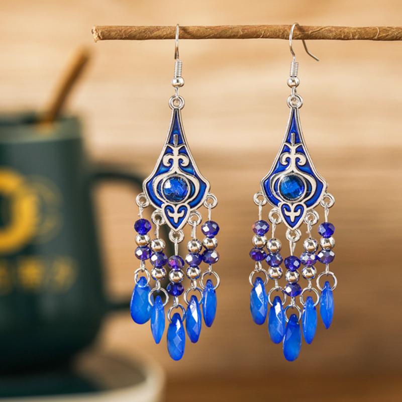 Vintage Elegant Crystal Water Drop Dangle Earrings for Women Ethnic Temperament Long Geometric Handmade Earring Female Jewelry