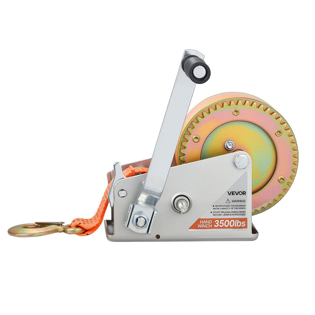Boat Winch, 1588 kg Hand Winch, Heavy Duty Manual Rope Crank with 6.1m Orange Polyester Strap, Portable Two-Way Ratchet, 2 Speed Switchable, Anti-Slip
