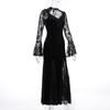 GlowGirl AltGoth Aesthetic Gothic Midi Dress Women Vintage Elagnt Lace Patchwork See Through Flare Sleeve High Waist Clubwear Dress Femme