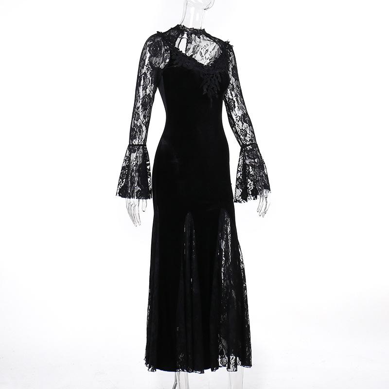 GlowGirl AltGoth Aesthetic Gothic Midi Dress Women Vintage Elagnt Lace Patchwork See Through Flare Sleeve High Waist Clubwear Dress Femme