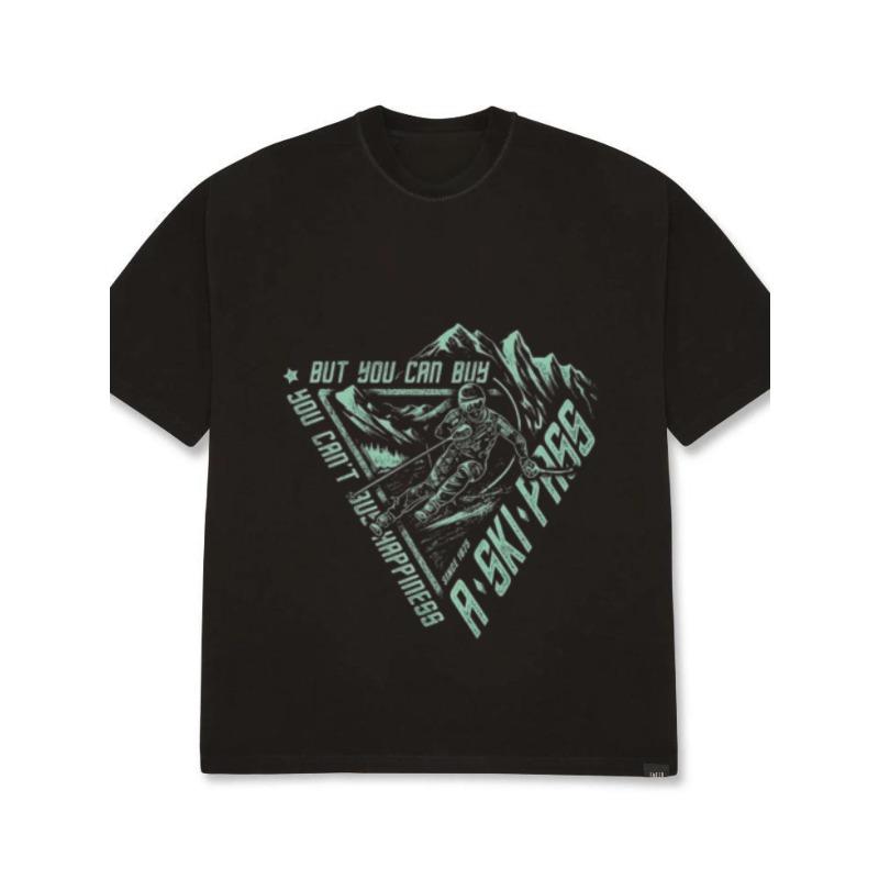 

Футболка оверсайз с графикой «Черные горы, катание на лыжах» и текстом «Но счастье можно купить за ски-пасс», одежда для приключений на открытом воздухе XXXXL чёрный