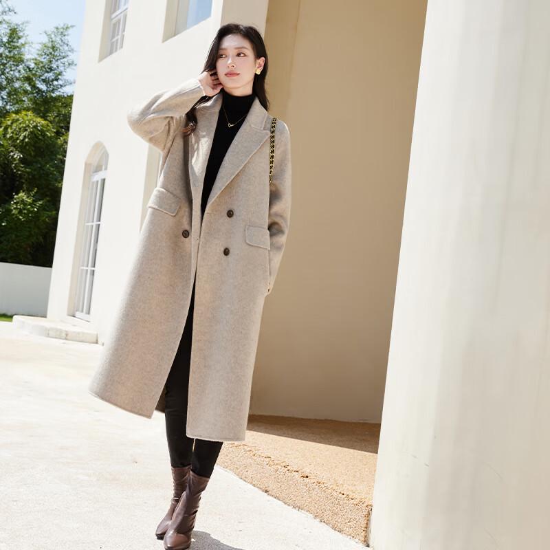 VICTORIA&VERA Women's 100% Merino Wool Double-Breasted Long Coat