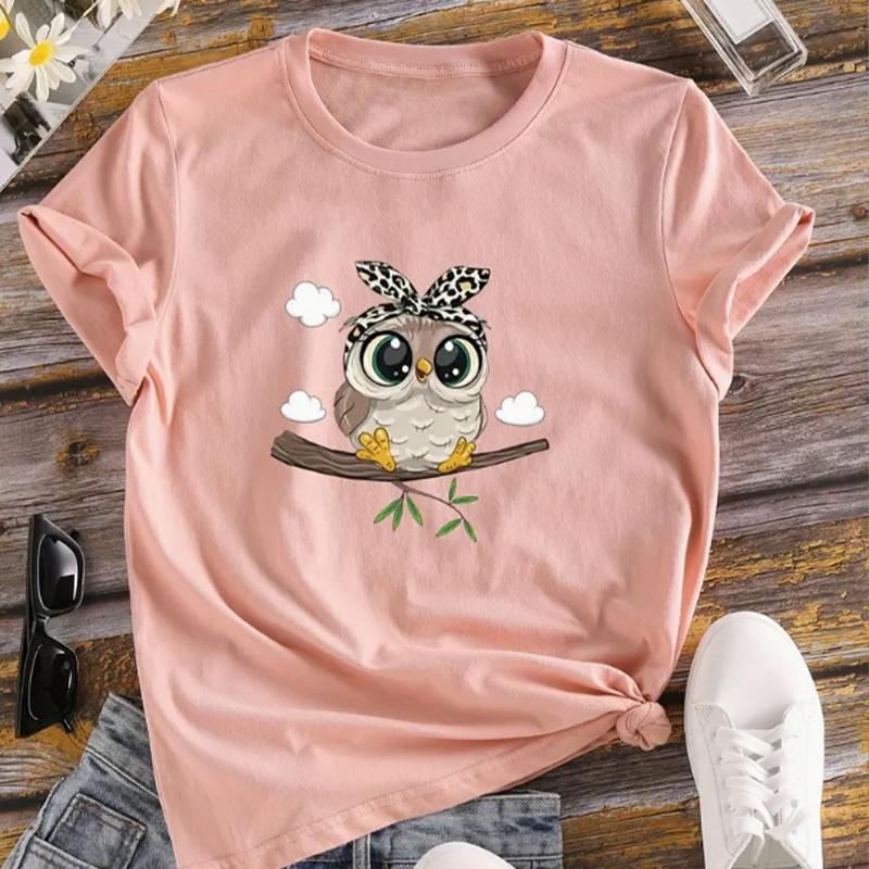 Fashion Women Cartoon Kawaii Owl Print T Shirt Funny Casual O-neck Short Sleeves T-shirt Summer Female Tee Shirt