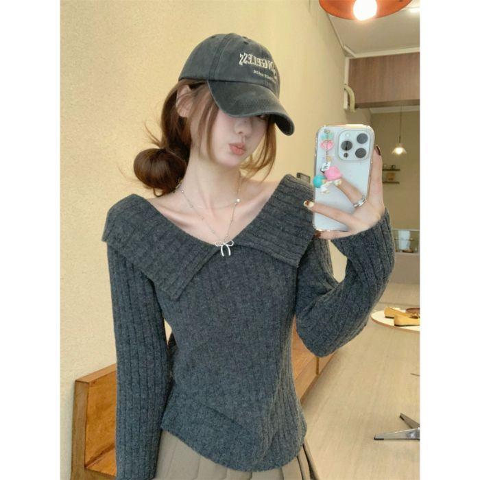 

Сладкая базовая футболка для женщин на осень и зиму, приталенный и молодежный полосатый свитер с лацканами, высококачественный трикотажный топ с длинными рукавами one size