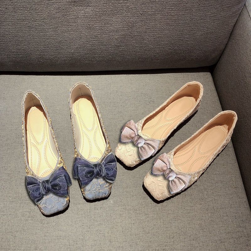Woman Flats Comfortable 2025 Trend Square Toe With Bow Slip-on Shoes for Women Spring High Quality Chic and Elegant Dress Shoe