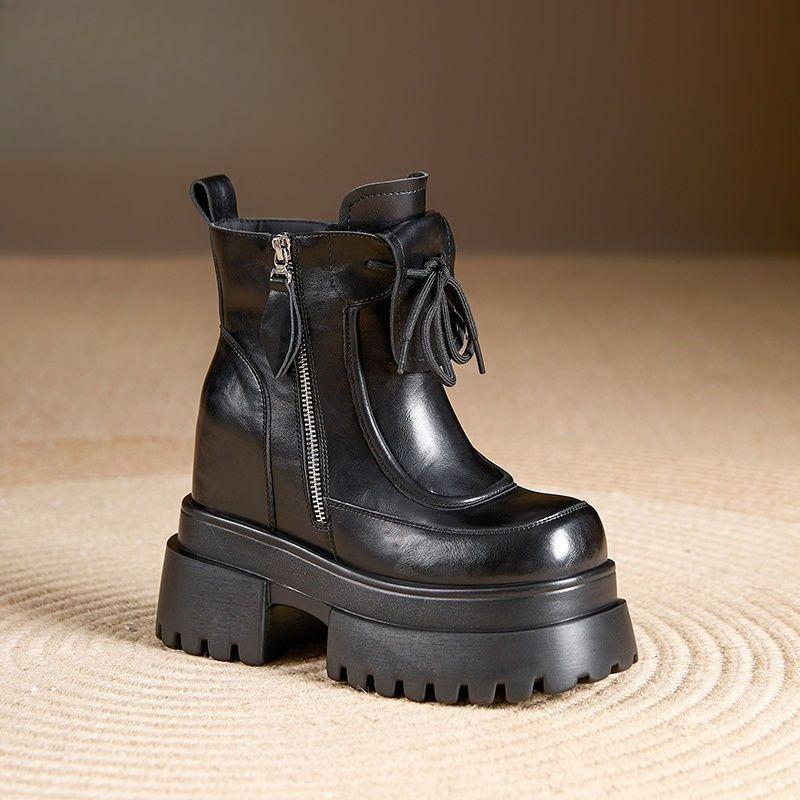 Increase Height Leather Booties Square Toe Chunky Ankle Boots for Women Fashion 2025 Y2k New in Autumn Winter Woman Short Shoes