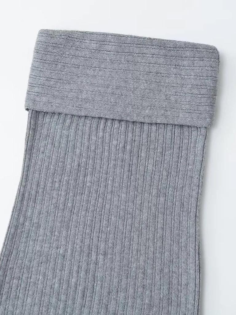 Mature Retro Fold-over Waist Knit Midi Skirt for Women - Slimming Hip-hugging Grey Skirt for Autumn/Winter