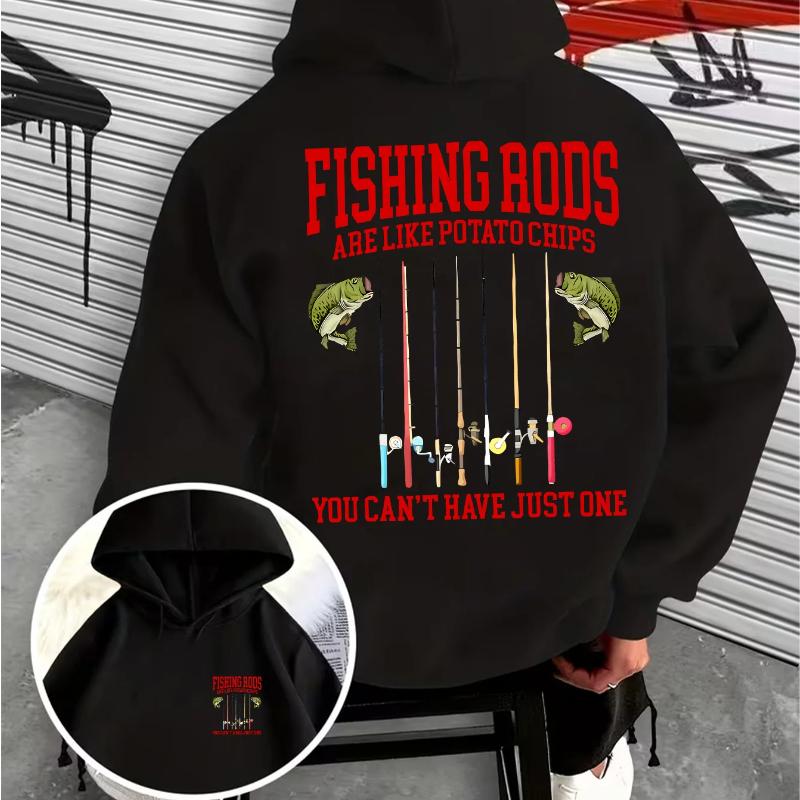 Humorous Fisherman Quote Mens Hooded Sweatshirt Bass and Multiple Fishing‑Rod Print Casual Outdoor Street‑Wear Hoodie