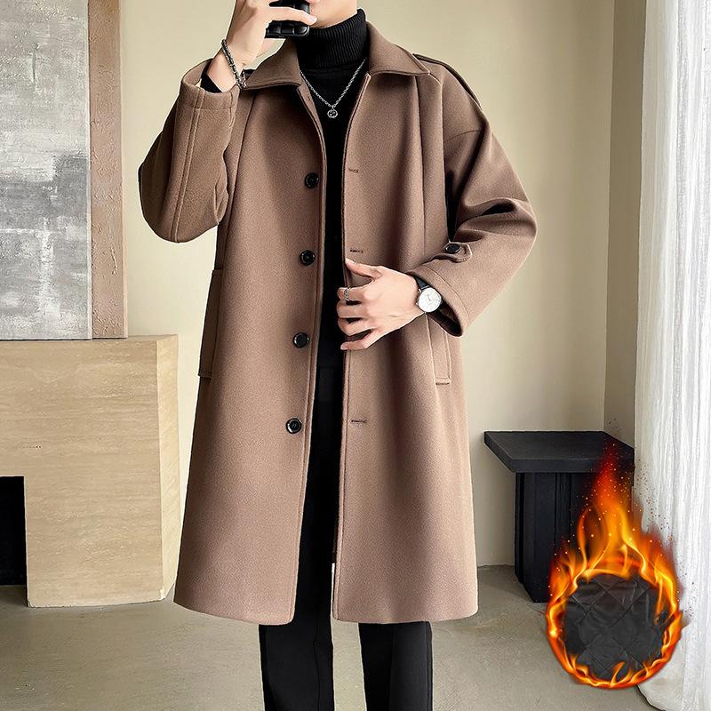 Autumn and Winter Korean Style Fashionable Single-breasted Mid-length Windbreaker Loose Coat Woolen Coat Men's Cotton Coat