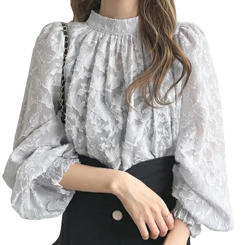 

[Wearbee] жаккардовая блузка с кружевным узором и рукавами-фонариками Прозрачная блузка с длинными рукавами, вышивкой и лентой сзади, милая, модная женская блузка с пышными плечами и рукавами-фонариками