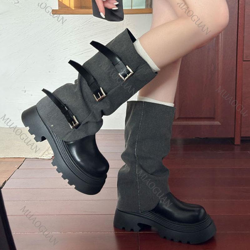 Mode Western Cowboy Mid-Calf Stiefel Damen Dicke Sohle Hosen Stacked Lang Ritter Botas Herbst Gürtelschnalle Retro Klobiger Absatz Schuh