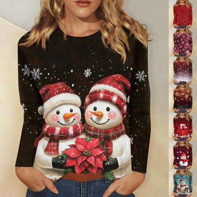 Langarmshirts für Damen, süßer Aufdruck, Grafik-T-Shirts, Blusen, lässig, Übergröße, Basic-Tops, Pullover, Weihnachten