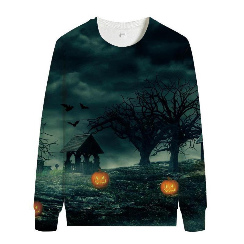 Women's Fashion Hoody Halloween Pumpkin Lamp Print Ghost Bat Sweatshirts Long Sleeved O Neck Hoodies Female Tops