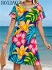 Afslappet og Moderigtig Dame Rund Hals Kort Ærme Strand Blomsterprint Løs A-linje Strandkjole til Sommer
