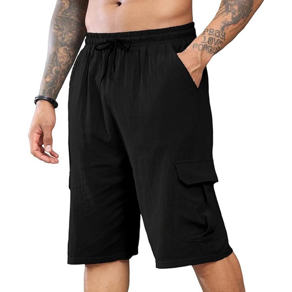 Men's Linen Short Pants With Multiple Pockets And Drawstring Waistband - Beach Work Pants