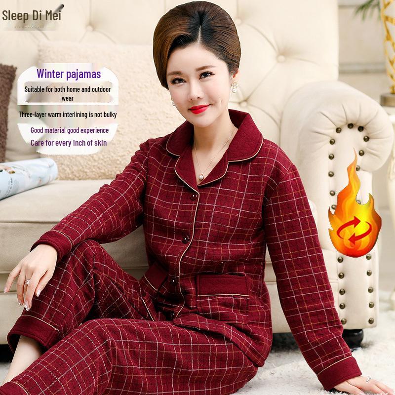 Women's Thick Warm Knitted Cotton Pajamas for Autumn/Winter - Middle-Aged & Elderly Sleepwear, Versatile Home & Outdoor Wear