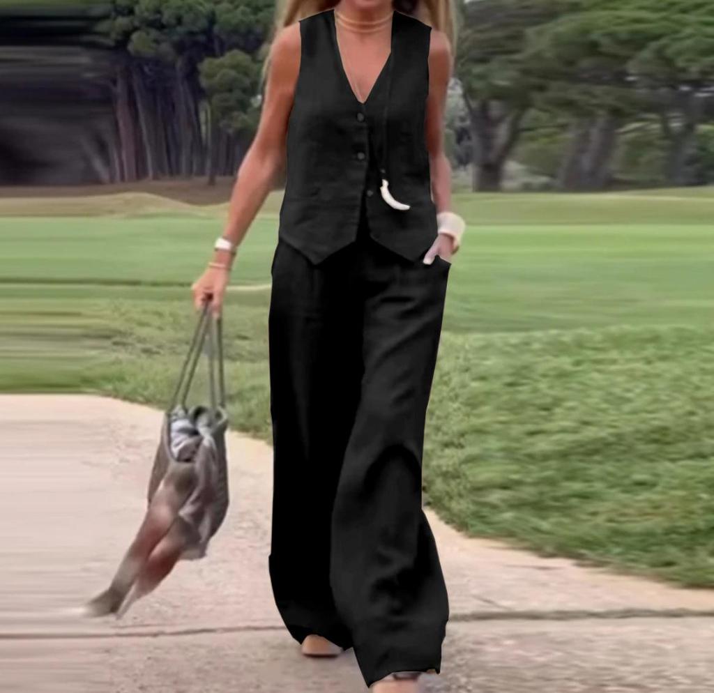 2025 Women's Fashion: European & American Solid Color Vest and Long Pants Two-Piece Casual Set