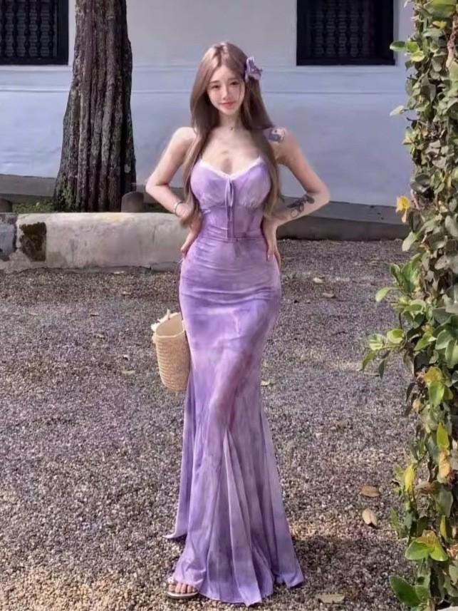 Lace Splicing Purple Suspender Dress Women's Summer Mesh Slim Fishtail Dress Pure Waist Hip Skirt