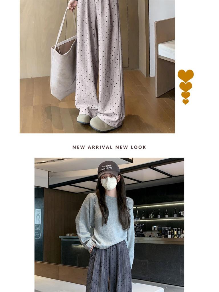 2025 Women's Khaki Polka Dot Striped Wide-Leg Pants - Spring & Autumn Relaxed Fit