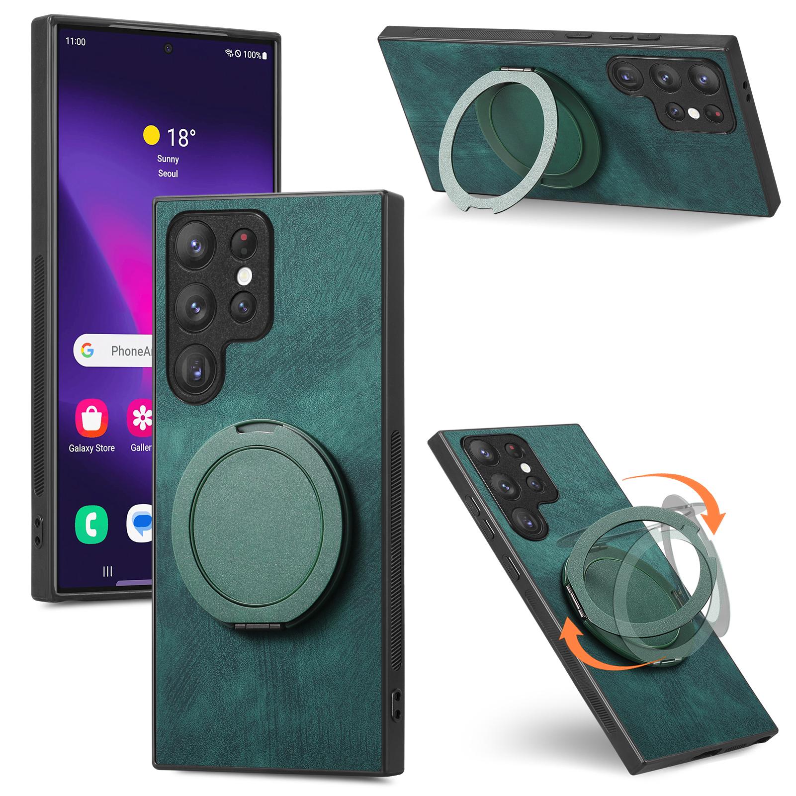 

For Samsung Galaxy S25 Ultra Phone Case with Rotating Kickstand Stress Relief Retro Leather Back Cover Green