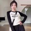 Spring Niche Shoulder Sleeves Contrasting Color Shirt Women's Waist Pleated Top Personalized Printing Bottoming Long Sleeves
