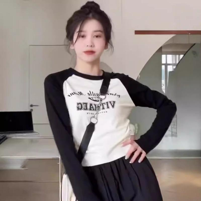 Spring Niche Shoulder Sleeves Contrasting Color Shirt Women's Waist Pleated Top Personalized Printing Bottoming Long Sleeves