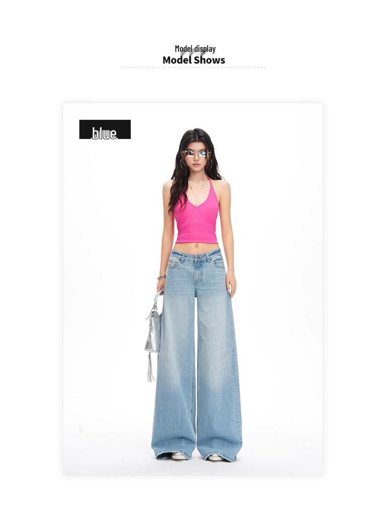 Women's American Retro Light Wash Mid-Rise Ripped Wide Leg Floor-Length Jeans