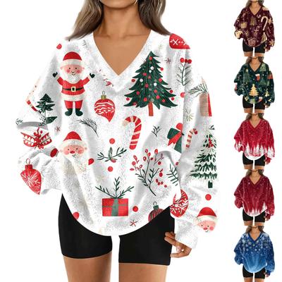 Women's Fashion Casual Long Sleeve Christmas Printed V-Neck Top Sweatshirt