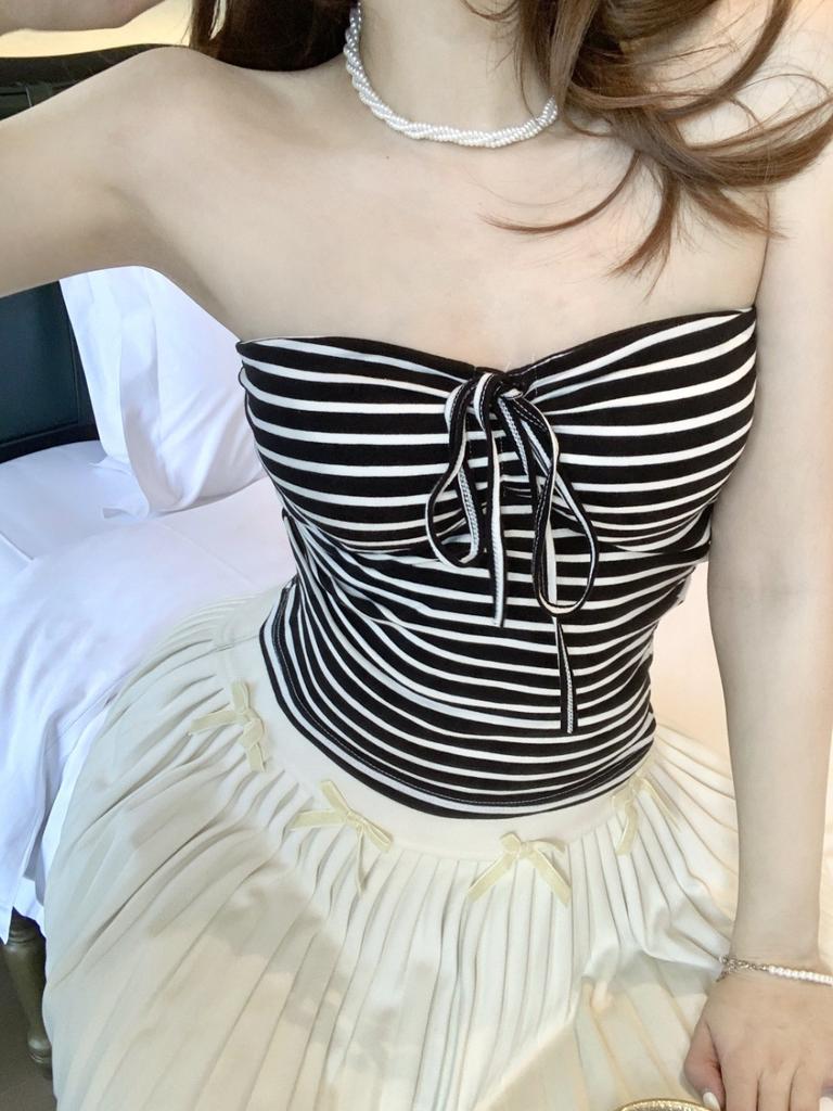 #Summer new pure desire striped strap-on tube top women's inner plus non-slip strip fixed with chest pad to look thin