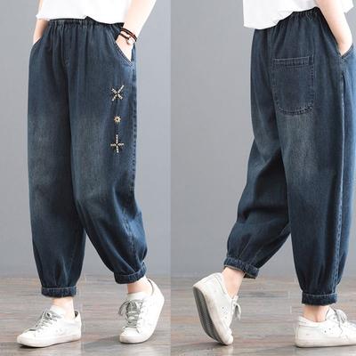 Pantaloni Harem de Damă de Primăvară Vară Largi cu Manșete Decolorate Mărimi Mari Talie Elastică Casual Denim Pantaloni Lanternă